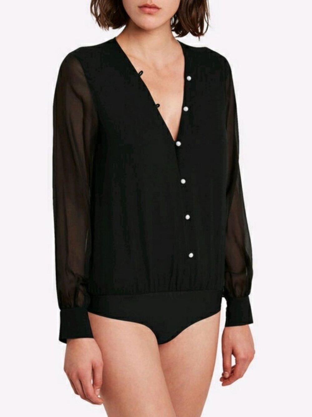 Womens Intermix Black (Item- 97) Mix Media Pure Silk Sheer Sleeve Bodysuit Top L